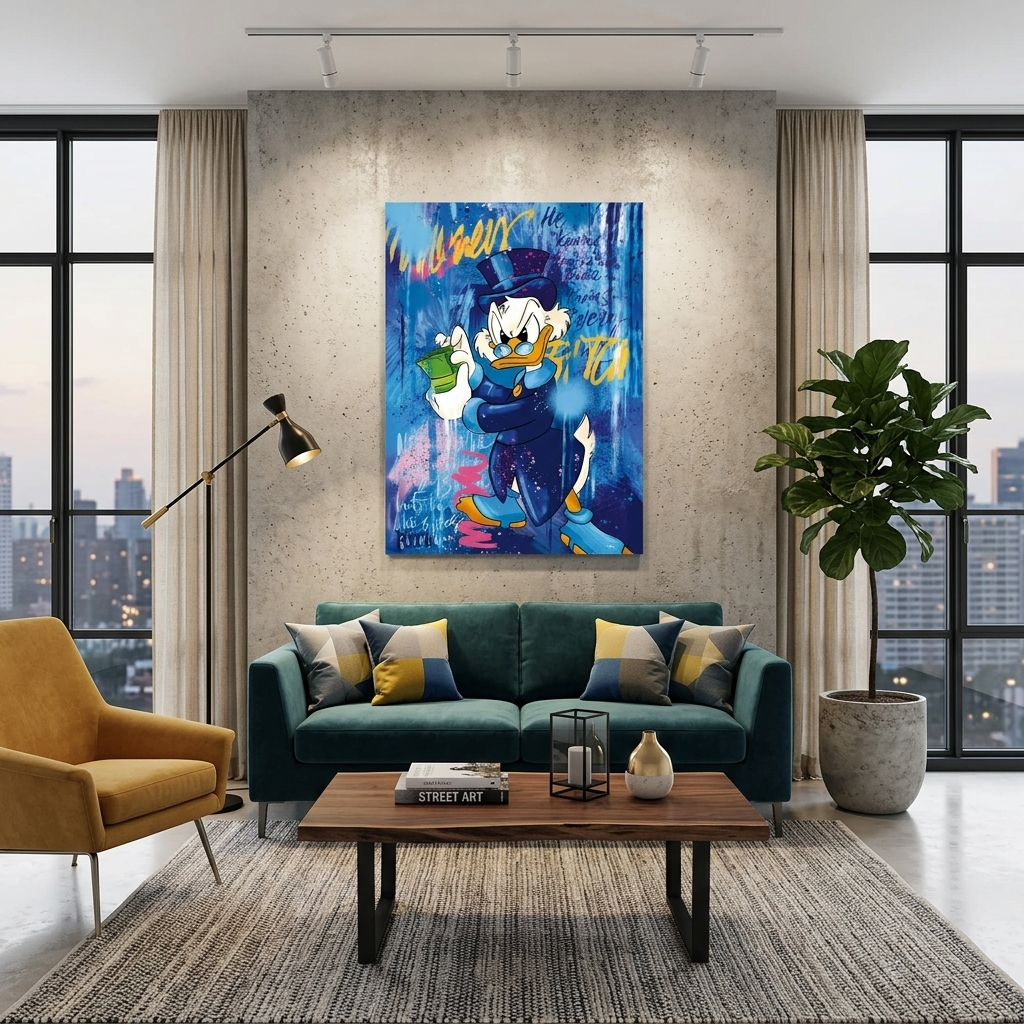 Scrooge mit einem Bündel Geld Inspirierender Kunstdruck auf Leinwand