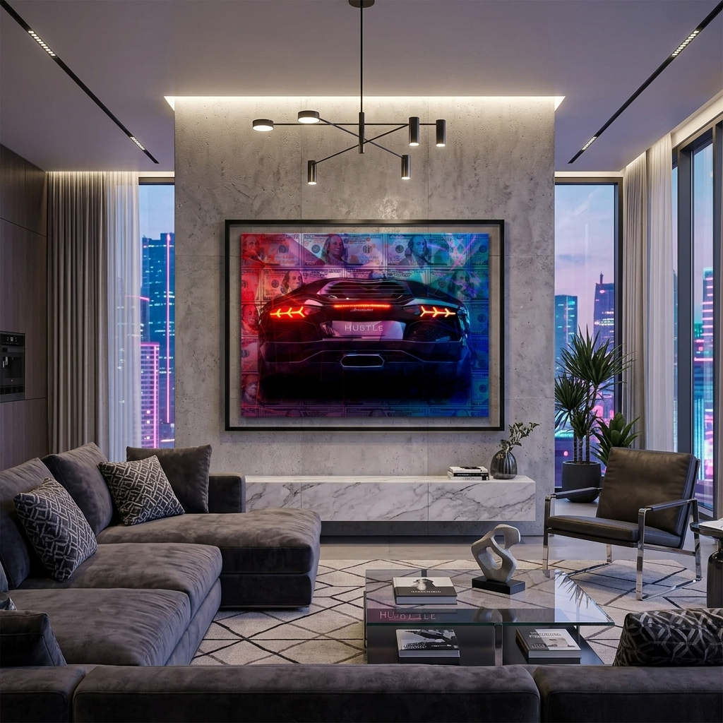 Zur Motivation Dollars and Lamborghini Hustle Motivational Canvas Wall Art Print