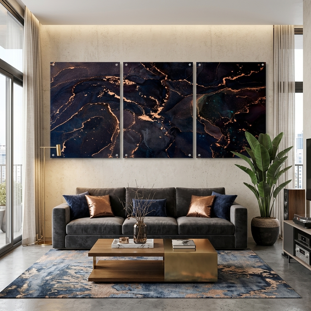 Modularer Kunstdruck auf Leinwand, dunkel, abstrakt, mit goldenen Elementen, mehrere Teile