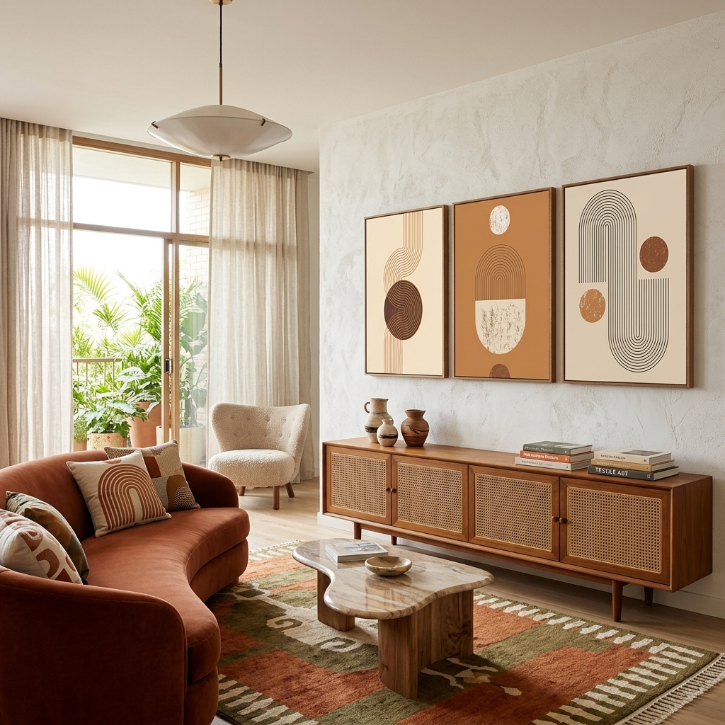Modularer Kunstdruck auf Leinwand mit Figuren in Beige und Braun, mehrere Teile