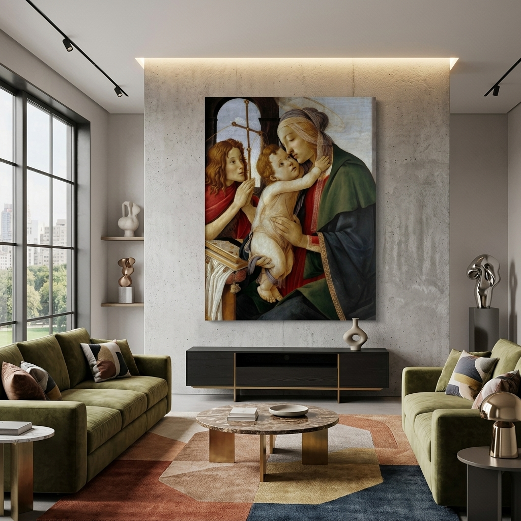 Reproduktion „Madonna mit Kind und dem jungen Johannes dem Täufer“ von Sandro Botticelli, Reproduktion auf Leinwand, Kunstdruck