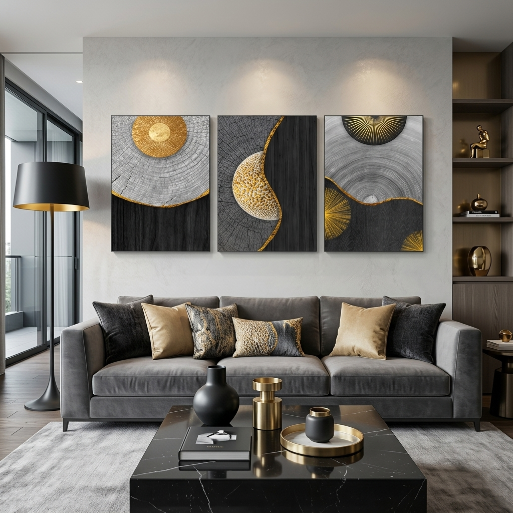 Modularer dreiteiliger Kunstdruck auf Leinwand, mehrteilig, aus schwarzem und grauem Holz