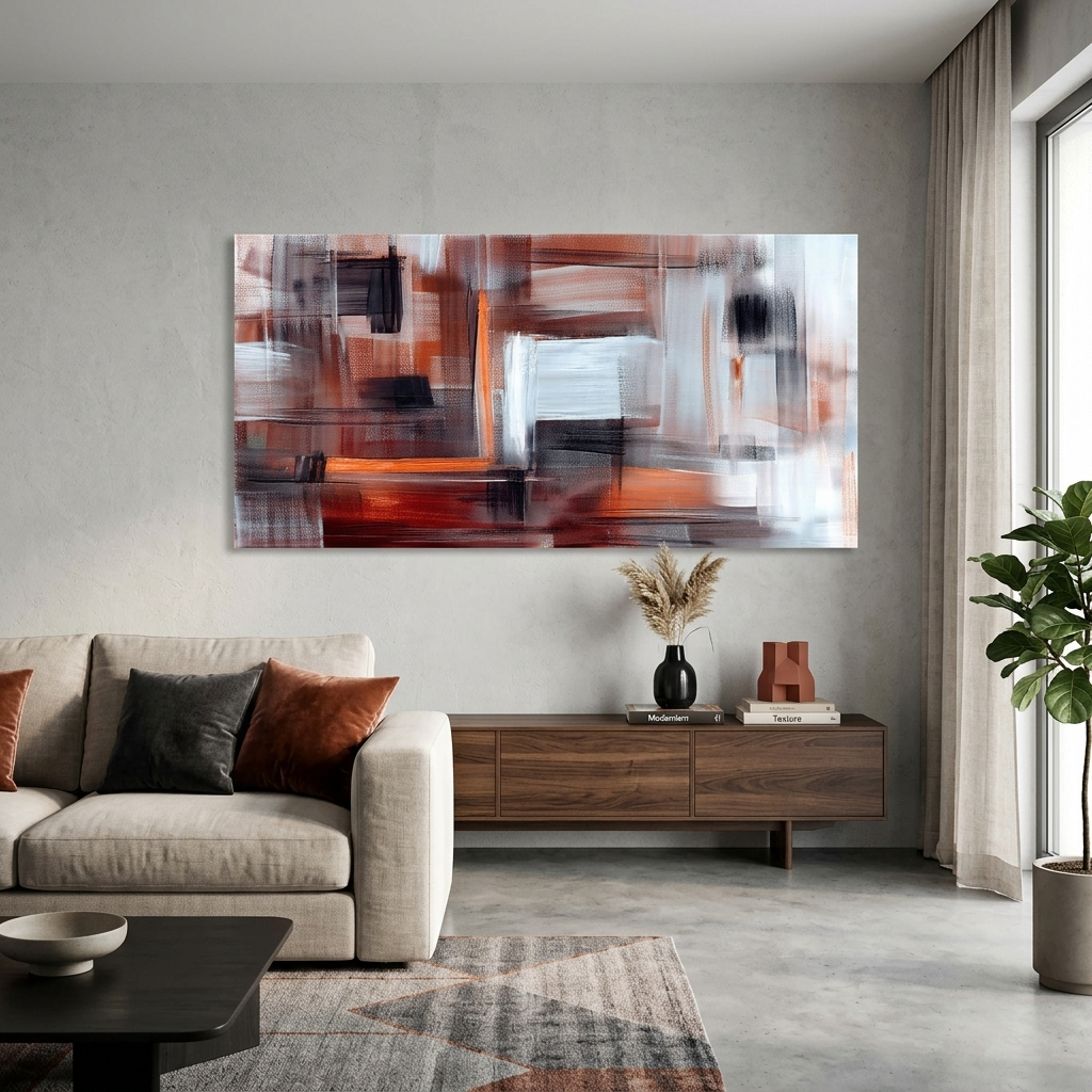 Kunstdruck auf Leinwand, Motiv: Abstraktion, Weiß, Orange, Braun und Schwarz