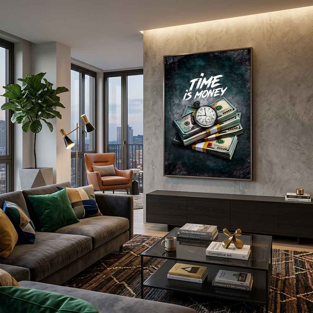"""Time for Money"" over dollars and clocks Inspirational Canvas Wall Art Print"