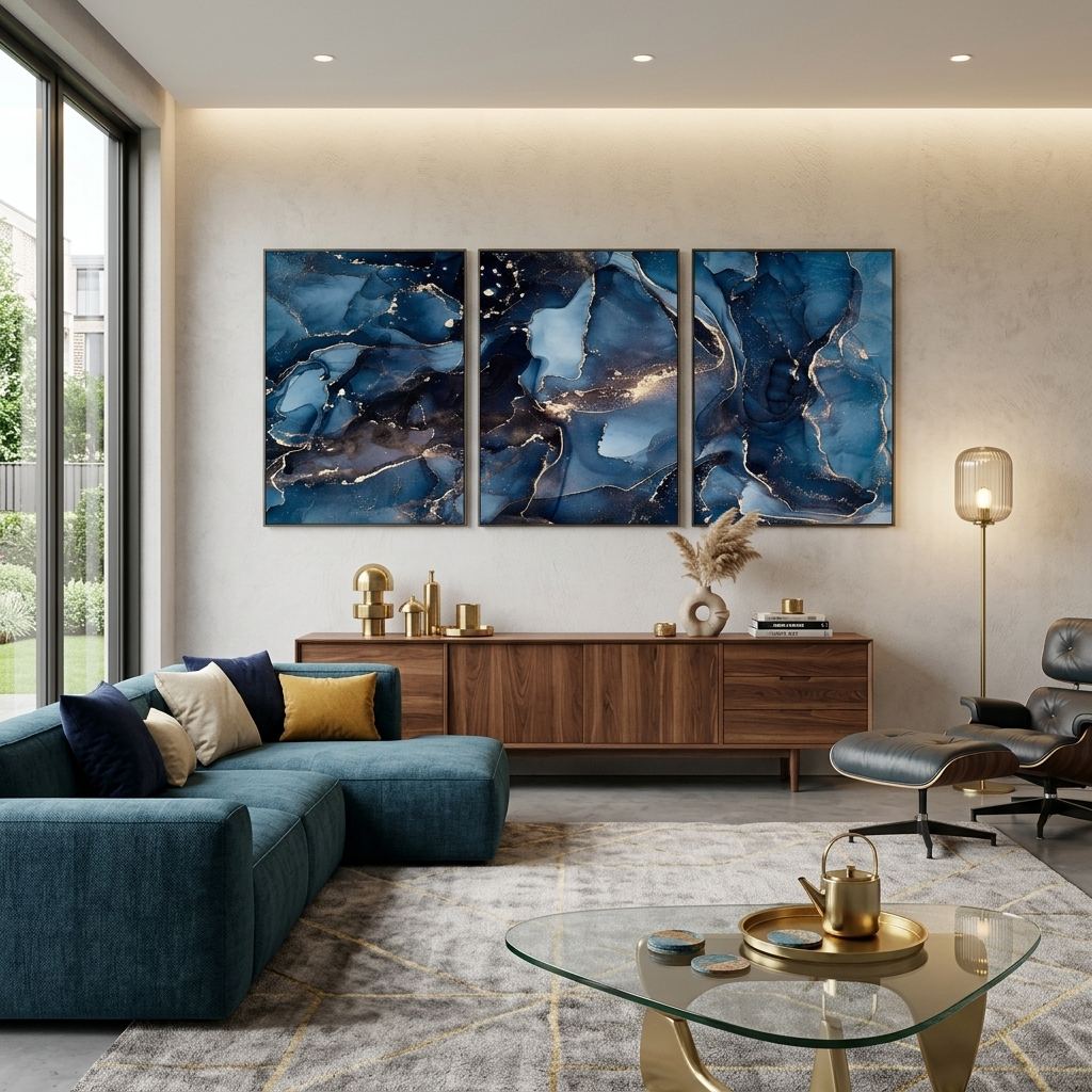 Modulare Abstraktion in Blau- und Goldtönen, mehrteiliger Kunstdruck auf Leinwand