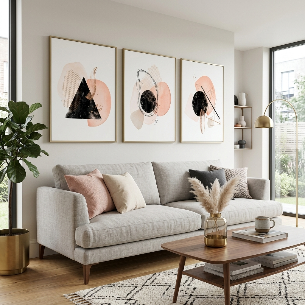 Modular abstract black with powder tones Multi Panel Canvas Wall Art Print