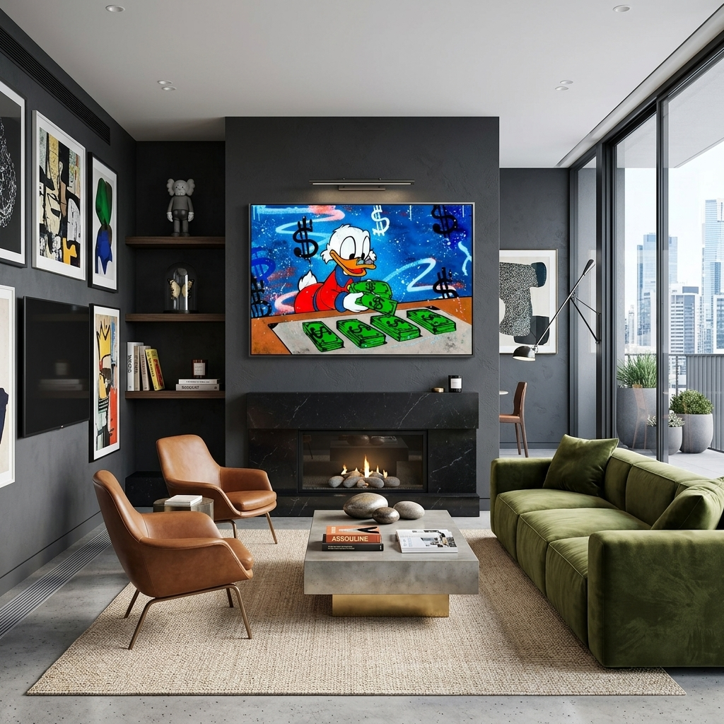 Inspirierender Kunstdruck auf Leinwand, Motiv „Scrooge zählt Dollar“,