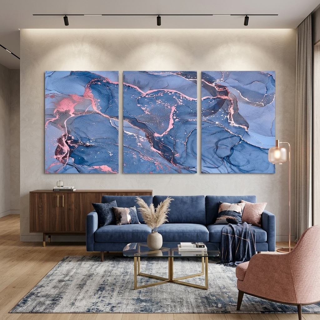 Modularer Kunstdruck auf Leinwand, mehrere Teile, in einem hellblauen und rosa Farbton