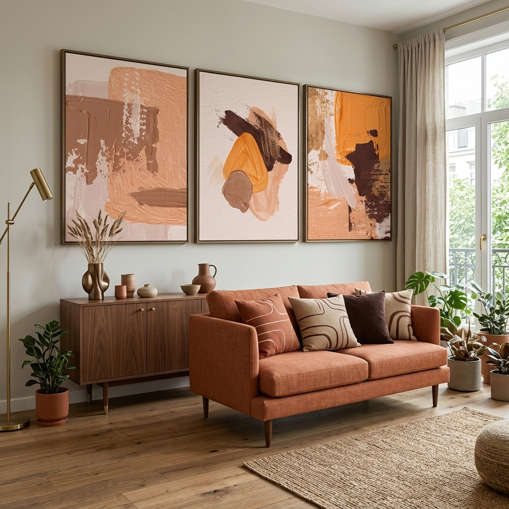 Modularer Kunstdruck auf Leinwand in mehreren Teilen in Beige-Gelbtönen