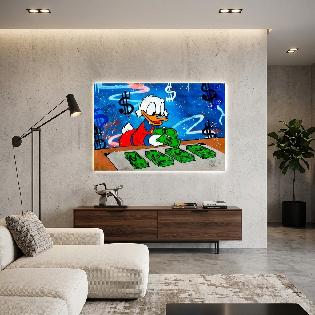 Inspirierender Kunstdruck auf Leinwand, Motiv „Scrooge zählt Dollar“,