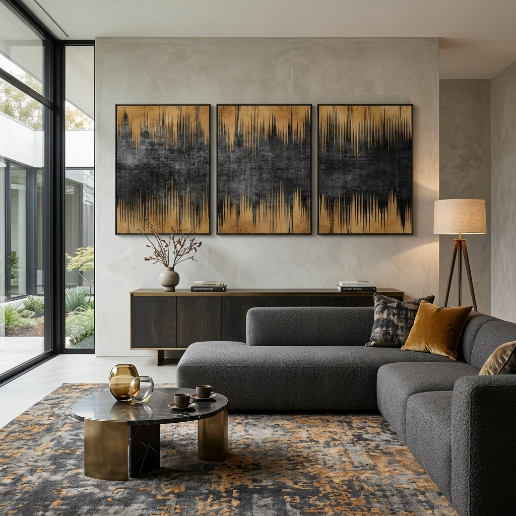 Modularer abstrakter Kunstdruck auf Leinwand, mehrteilig, Gold und Schwarz