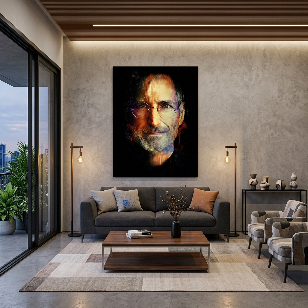 Kunstdruck auf Leinwand mit Steve Jobs auf schwarzem Hintergrund