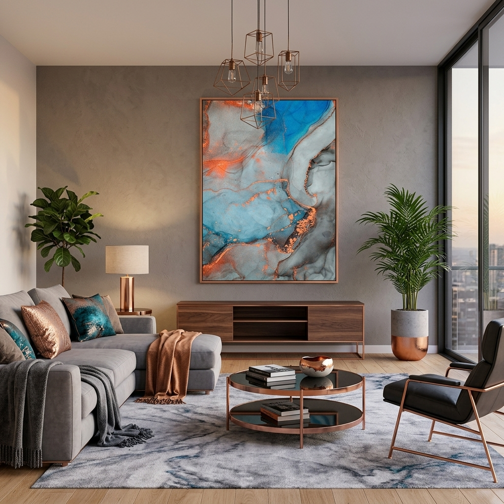 Orange-grau mit blauen Elementen Abstraktion Leinwand Wand Kunstdruck