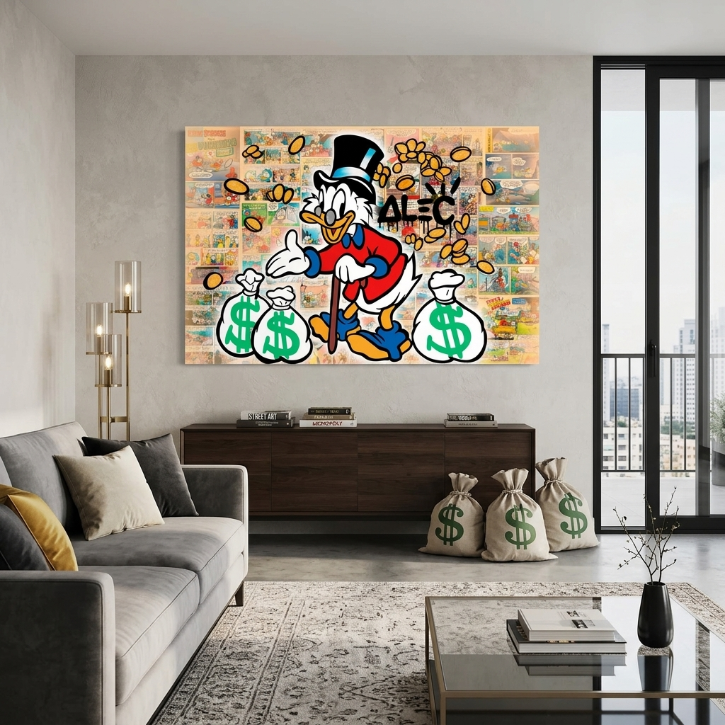 Dagobert Duck mit drei weißen Säcken voll Gold auf einem Comic-Hintergrund. Inspirierender Kunstdruck auf Leinwand.