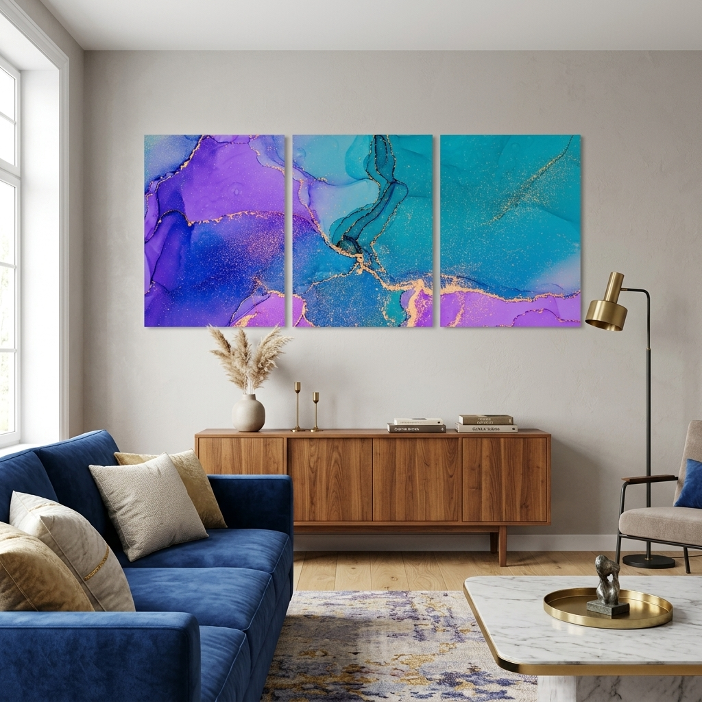 Modularer abstrakter Kunstdruck auf Leinwand, mehrteilig, Türkis und Lavendel