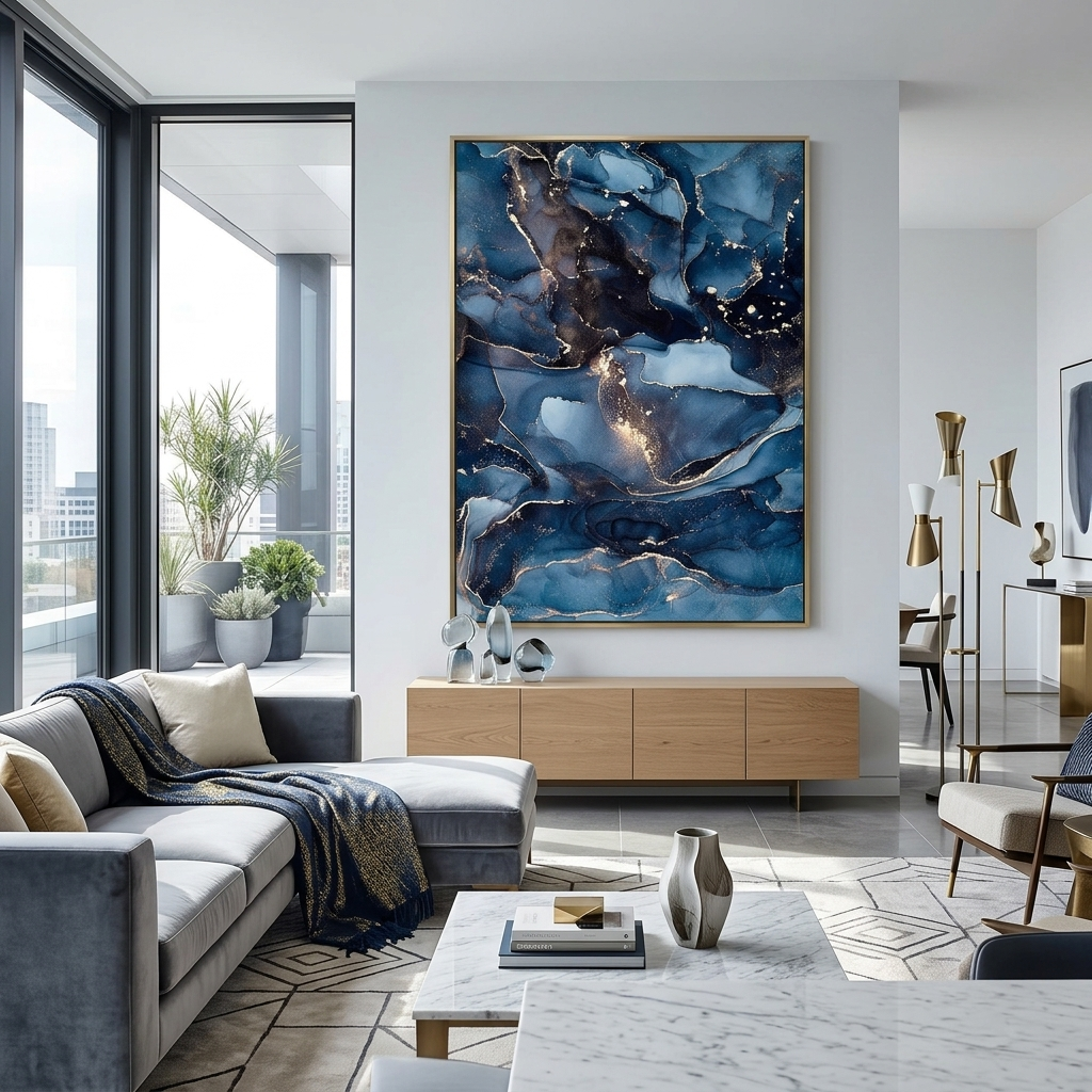 Marineblauer abstrakter Kunstdruck auf Leinwand mit goldener Abstraktion