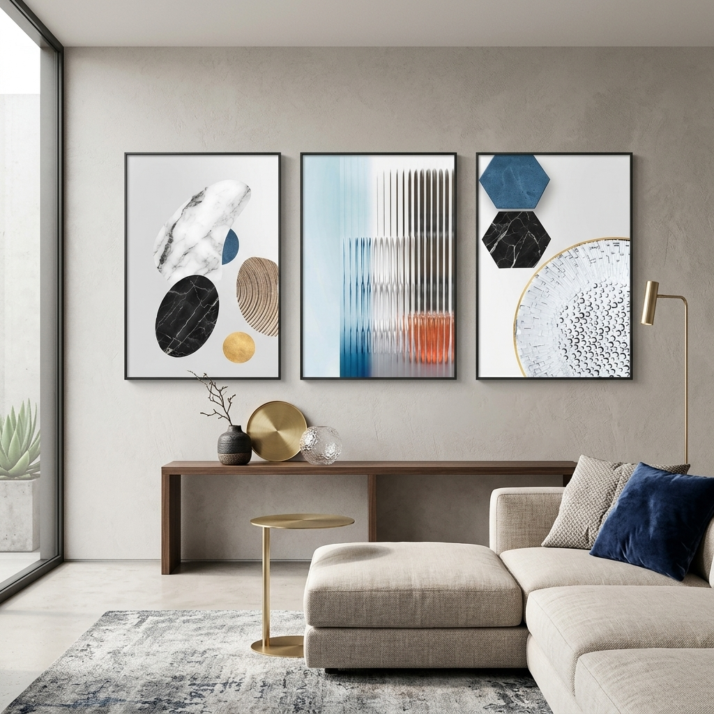 Mehrteiliger Kunstdruck auf Leinwand, Abstraktion mit geometrischen Marmorfiguren