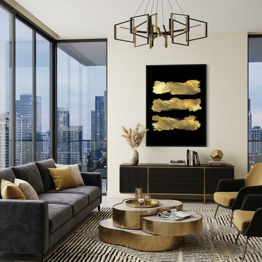 Kunstdruck auf Leinwand mit drei goldenen Linien auf schwarzem Hintergrund