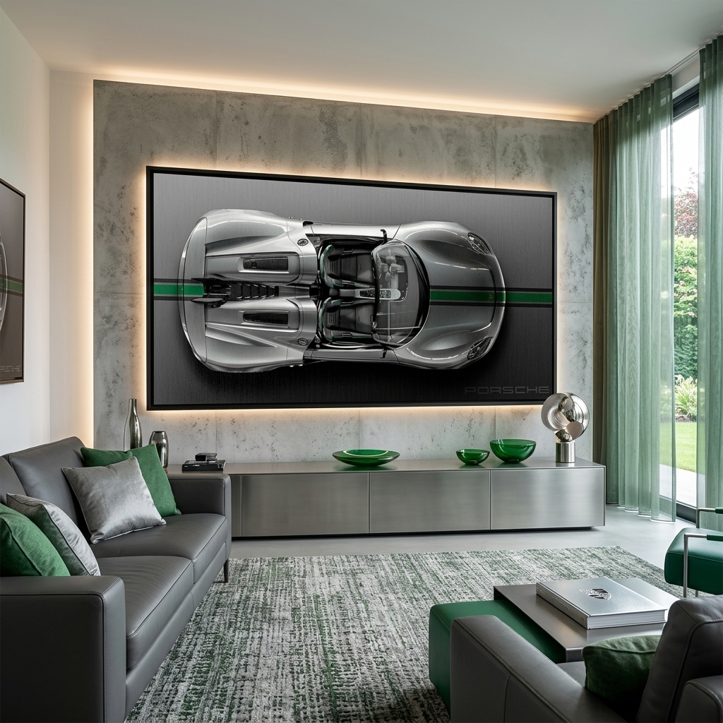 Leinwandbild, Porsche 911, grün, auf grauem Hintergrund