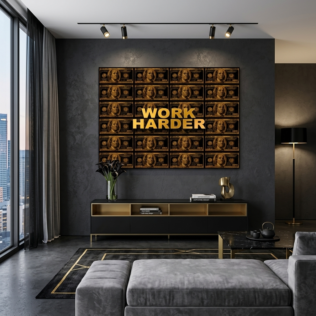 Work harder black and gold dollars Inspirational Canvas Wall Art Print