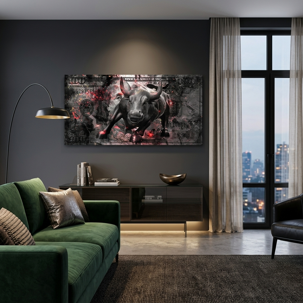 100 Dollar mit einem angreifenden Stier Inspirierender Kunstdruck auf Leinwand