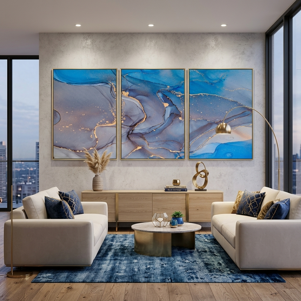 Modularer abstrakter blau-grauer mehrteiliger Kunstdruck auf Leinwand
