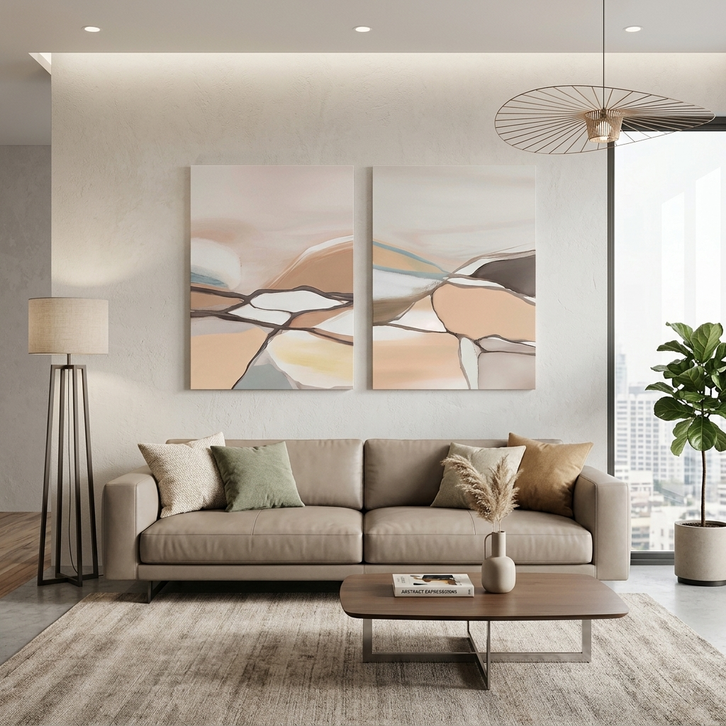 Modularer blasser abstrakter Kunstdruck mit Linien, mehrere Teile auf Leinwand