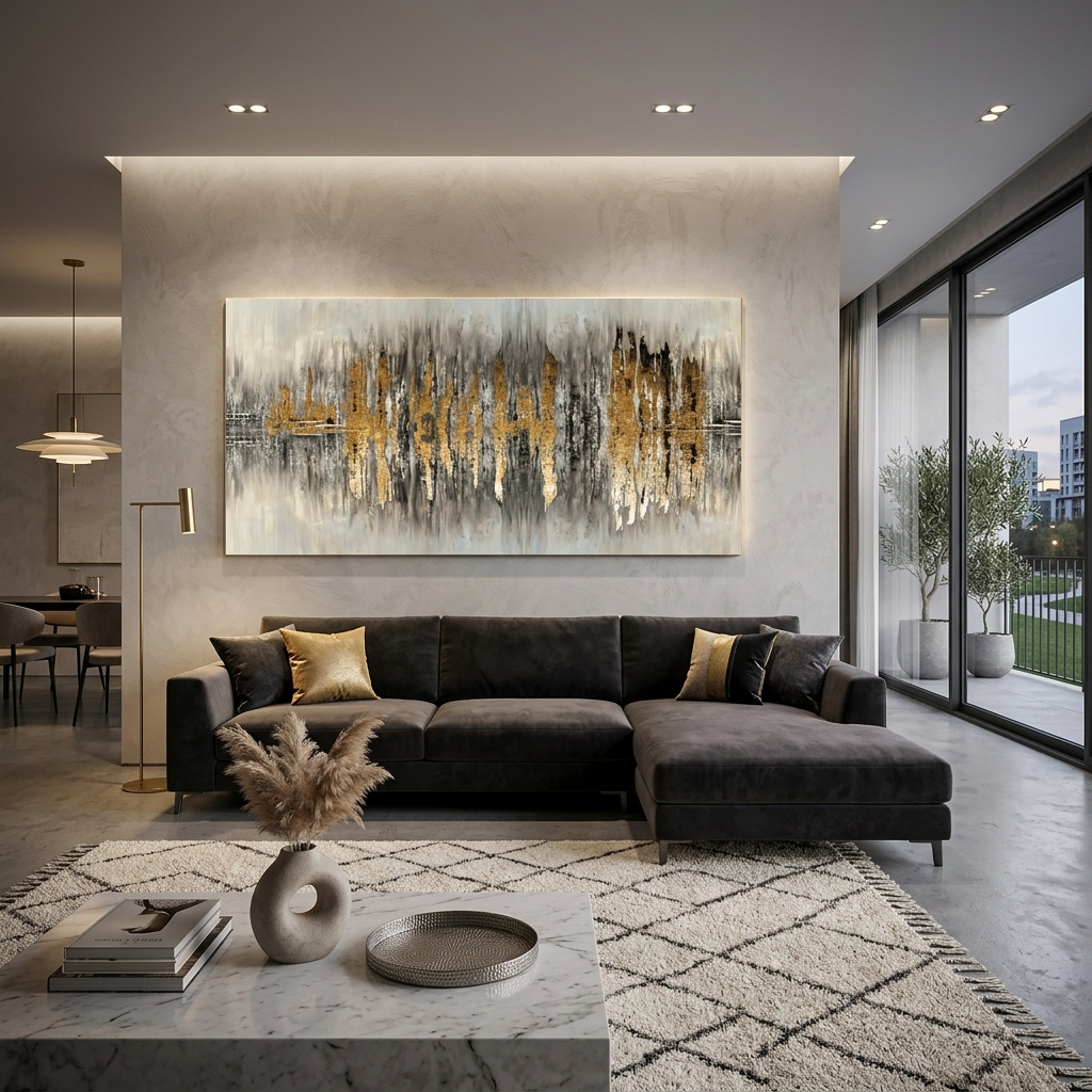 Die Silhouette der Stadt ist ein grau-goldener Abstraktions-Kunstdruck auf Leinwand.