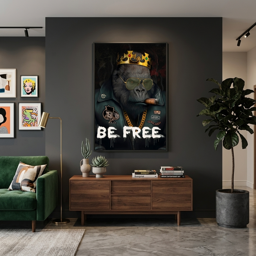 Schwarzer Affe in einer goldenen Krone Be free Motivierender Leinwand-Kunstdruck