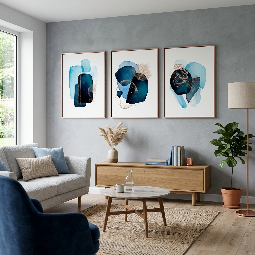 Modularer, tiefblauer, abstrakter, mehrteiliger Kunstdruck auf Leinwand