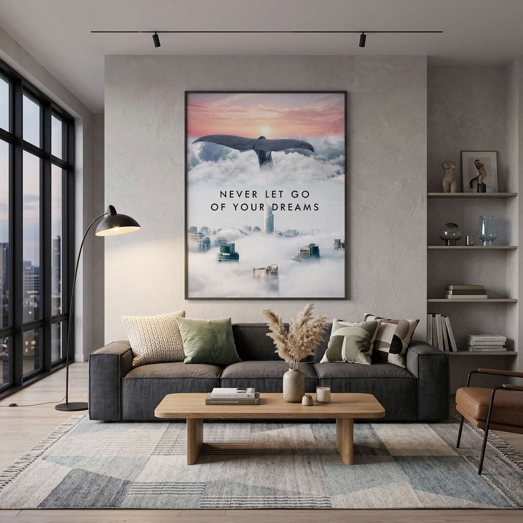 Walschwanzstadt und weiße Wolken, motivierender Kunstdruck auf Leinwand