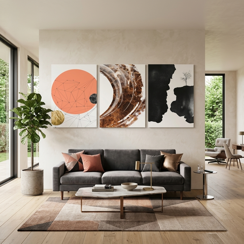 Modularer abstrakter Kunstdruck auf Leinwand, mehrteilig, Braun und Schwarz mit Orangetönen