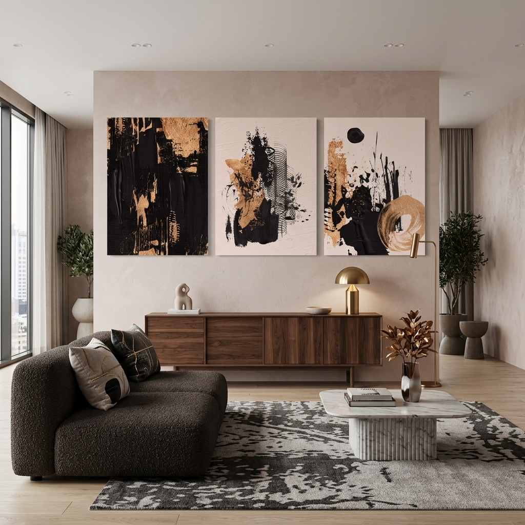 Modularer abstrakter Kunstdruck auf Leinwand, mehrteilig, Schwarz und Gold