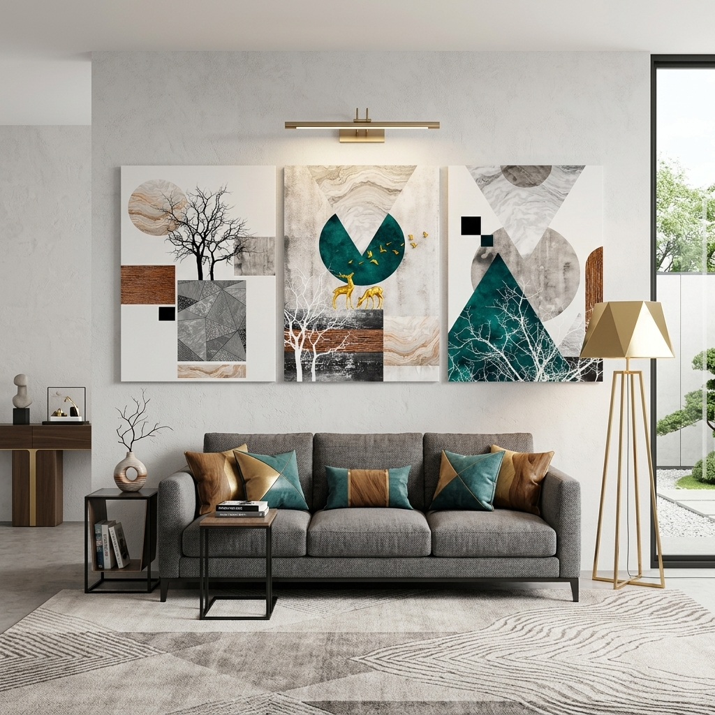 Modularer abstrakter geometrischer Formen mit Tieren und Bäumen, mehrteiliger Kunstdruck auf Leinwand