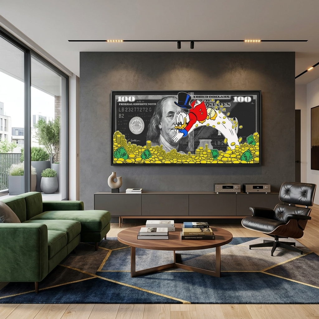 Inspirierender Kunstdruck auf Leinwand, Motiv: Scrooges Meer aus Dollarmünzen