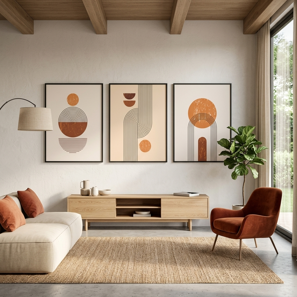 Modularer Kunstdruck auf Leinwand, Motiv Figuren in Beige und Senf, mehrteilig