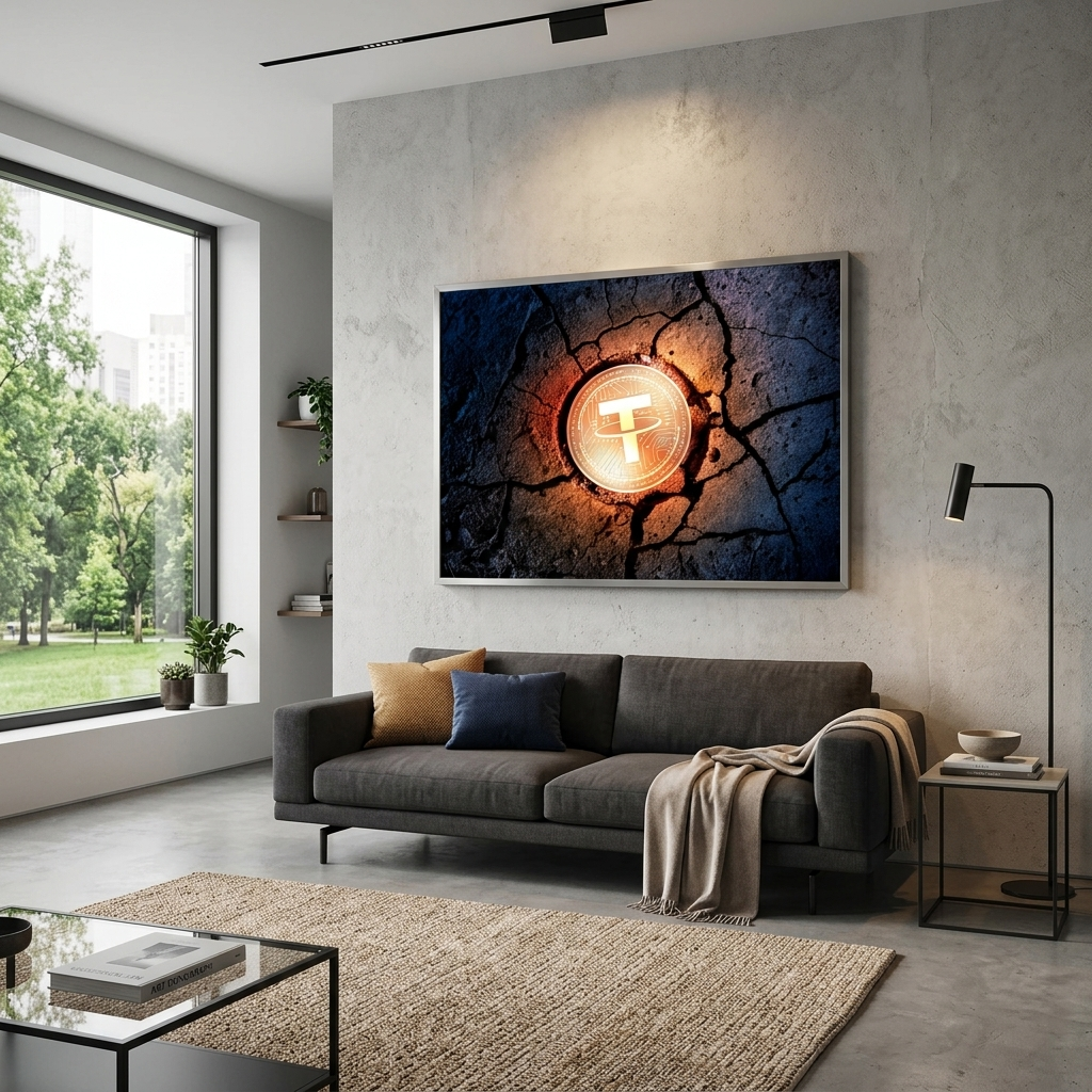 Tether USDT Goldmünze auf dem Boden Inspirierender Leinwand-Kunstdruck
