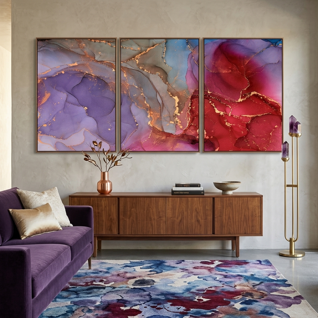 Modularer abstrakter Kunstdruck auf Leinwand, mehrere Teile, Lavendelrot
