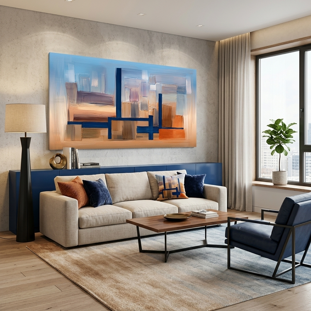 Mit einer ausgeprägten blauen Farbe vor einem Hintergrund aus Blau und Orange Abstraktion Leinwand Wand Kunstdruck
