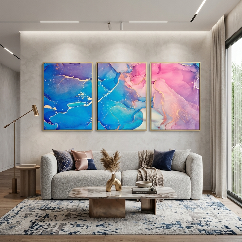 Modularer abstrakter Kunstdruck auf Leinwand, mehrteilig, Blau und Rosa