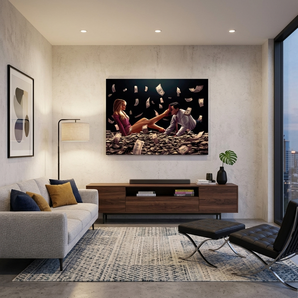 Blondie und Leonardo DiCaprio in einem Dollarhaufen – inspirierender Kunstdruck auf Leinwand