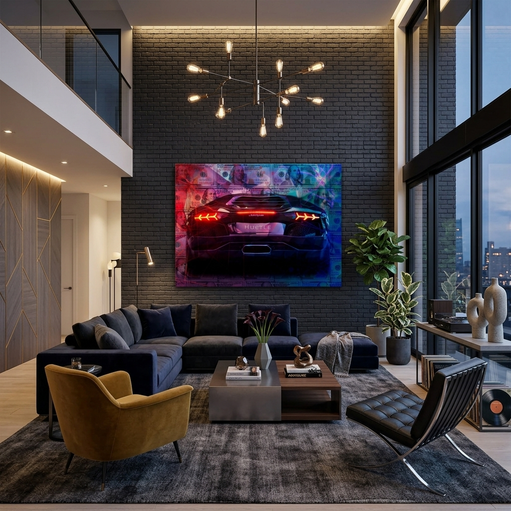 Zur Motivation Dollars and Lamborghini Hustle Motivational Canvas Wall Art Print