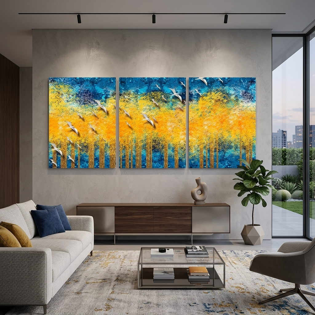 Modularer abstrakter Kunstdruck auf Leinwand, mehrteilig, Gelb und Blau