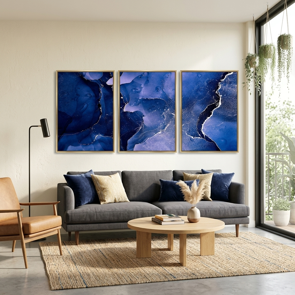 Modularer, abstrakter Kunstdruck auf Leinwand, mehrere Teile, Marineblau