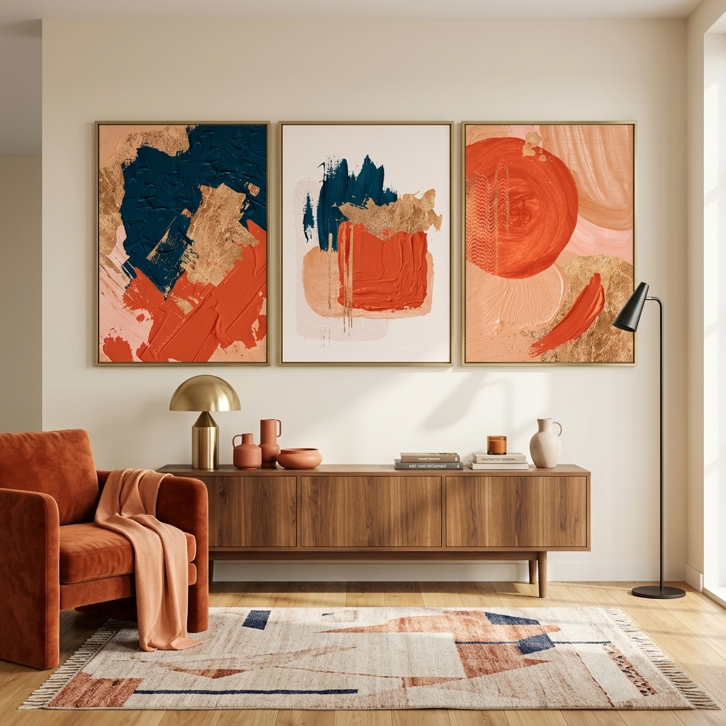 Modularer, abstrakter Kunstdruck auf Leinwand, mehrteilig, Orange und Blau mit goldenen Elementen