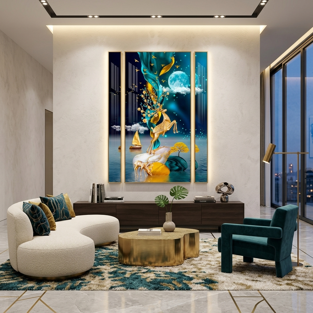Zwei Hirsche, ein goldenes Boot auf dem Meer und ein blauer Mond, abstrakter Kunstdruck auf Leinwand