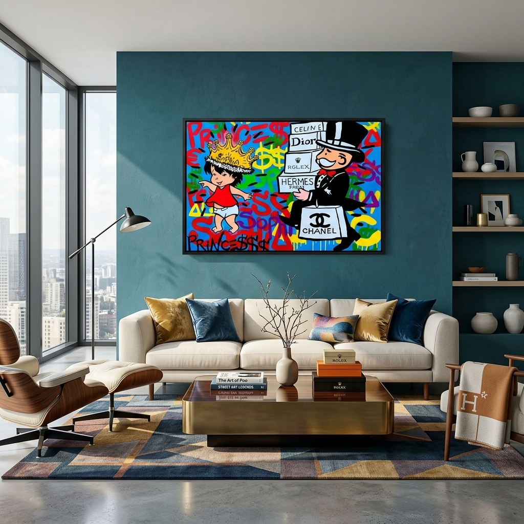 Alec Monopoly im Hintergrund des Graffiti-Kunstdrucks auf Leinwand