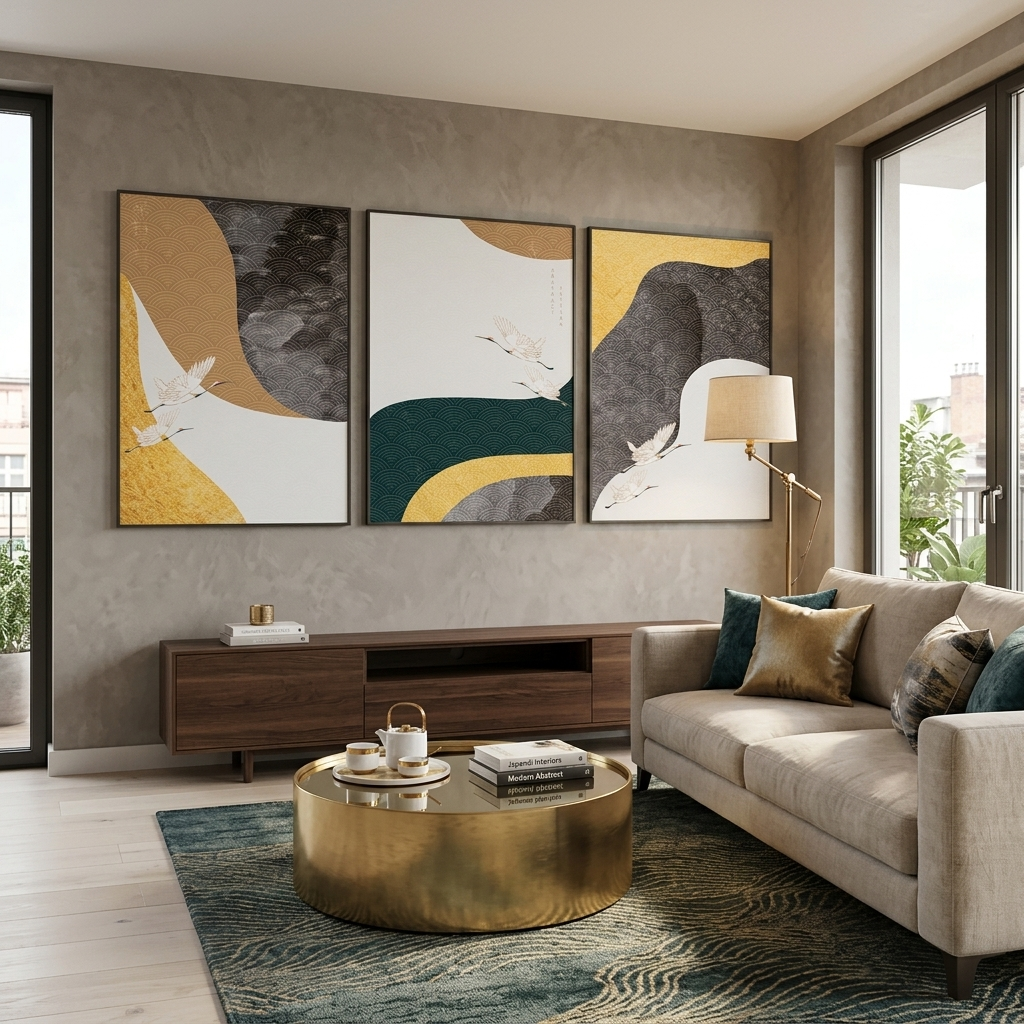 Modularer Kunstdruck auf Leinwand, Vögel auf graubeigem Hintergrund, mehrere Teile