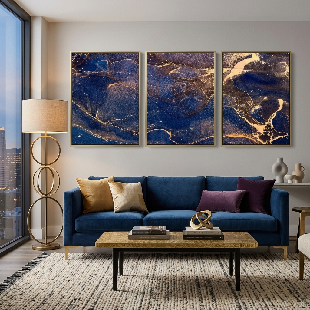 Modularer abstrakter mehrteiliger Kunstdruck auf Leinwand in Blau-Gold