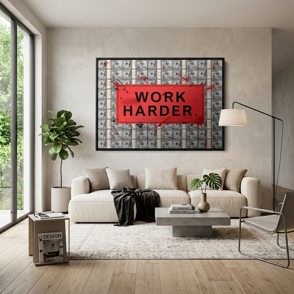 ARBEITEN SIE HÄRTER vor dem Hintergrund der Dollars. Motivierender Kunstdruck auf Leinwand